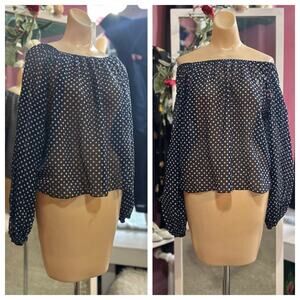 Vintage 60s 70s Polka Dot Off Shoulder Top Blouse Blue White Mod Oversized M/L